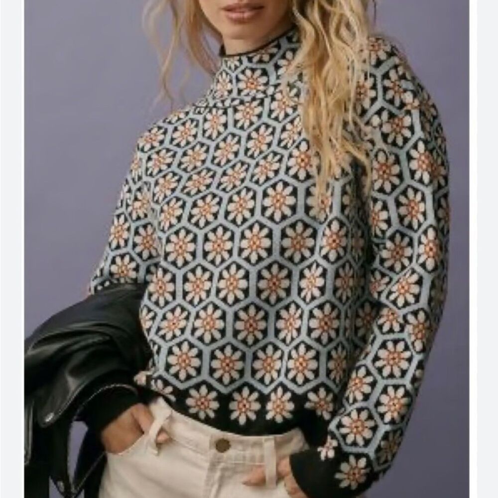 Anthropologie Maeve Carys Mock-Neck Floral Knit Sweater Mod Indie Boho Retro